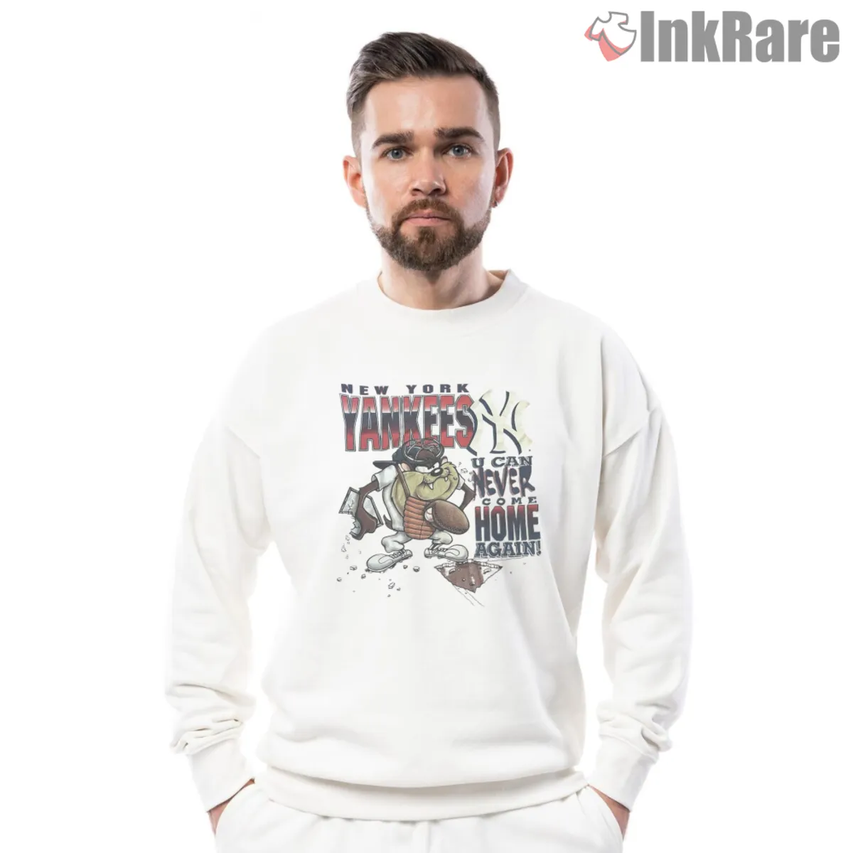 White sweatshirt featuring Yankees Taz Looney Tunes 1997 artwork