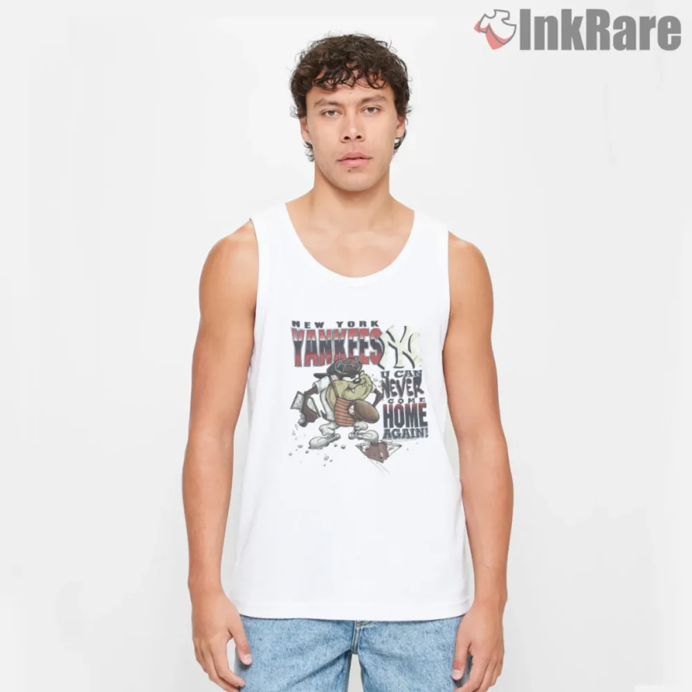 Yankees Taz Looney Tunes 1997 Shirt on white tank top with bold slogan and catcher graphic