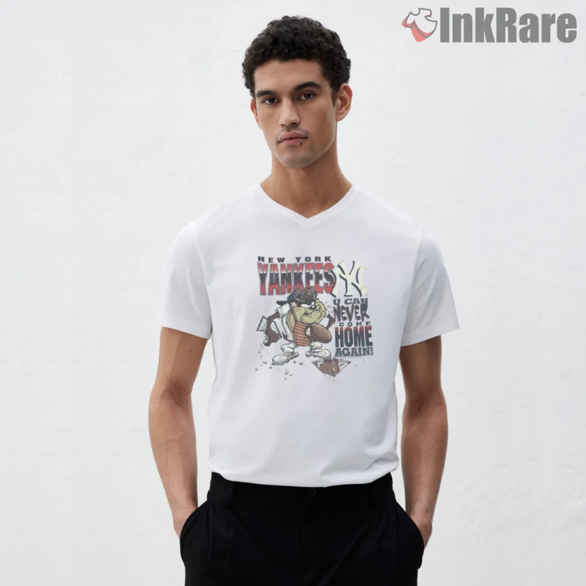 Yankees Taz 1997 V Neck White White V neck tee showing Yankees Taz and bold typography