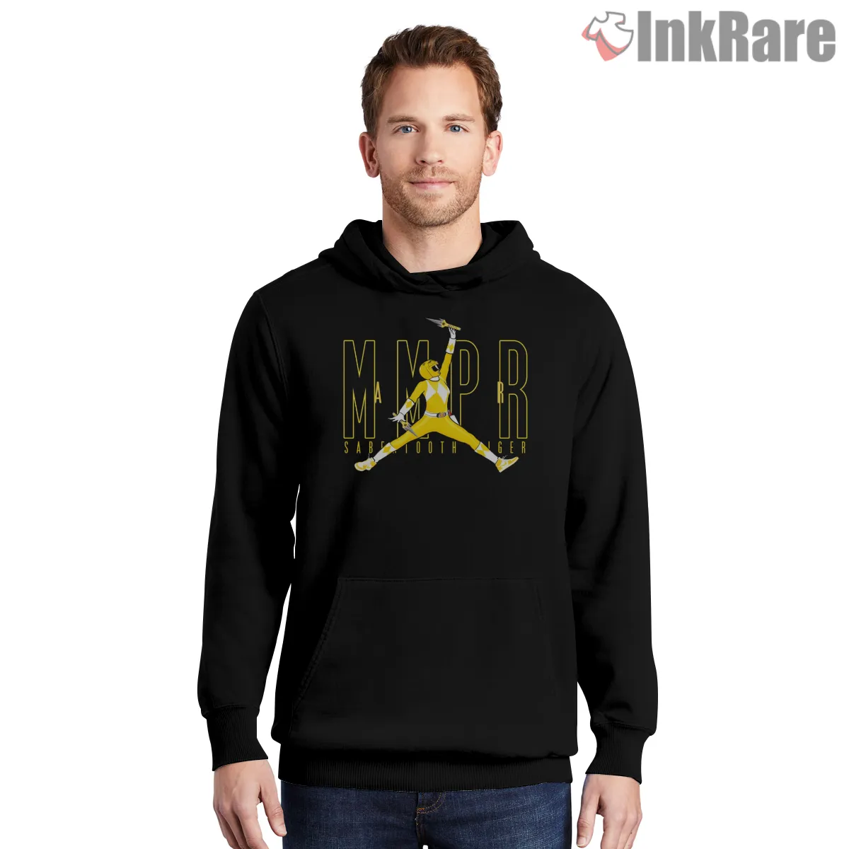 Yellow Ranger Air Kick Hero Pose Hoodie Black Yellow Ranger Air Kick Hero Pose Shirt on black hoodie for men graphic tee