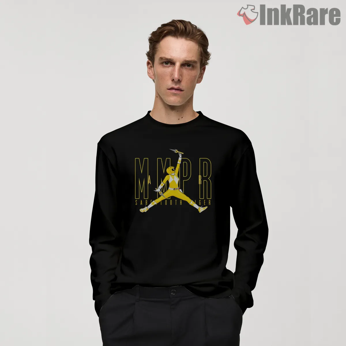 Yellow Ranger Air Kick Hero Pose Shirt on black long sleeve shirt for men graphic tee