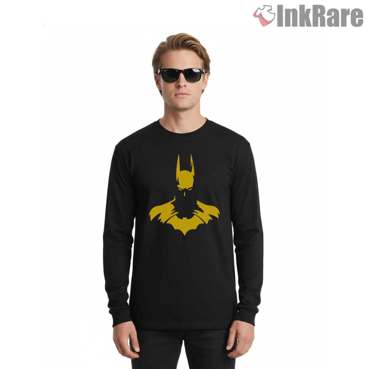 Yellow Silhouette Gotham Signal Batman Shirt on black long sleeve shirt for men graphic tee