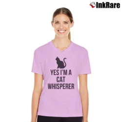 Women’s Yes I'm A Cat Whisperer Funny V-Neck Tee in light pink | Chic Neckline, Soft Texture