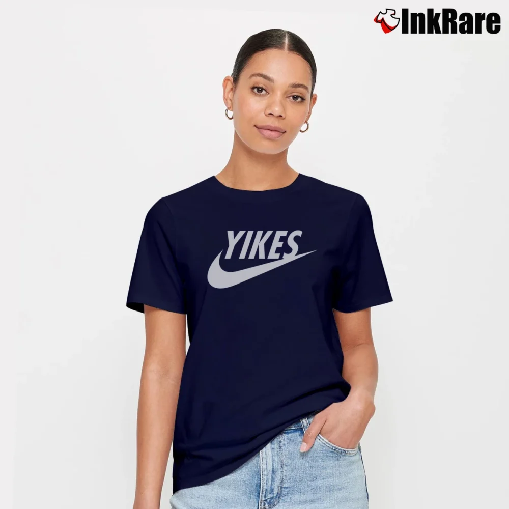 Women’s Yikes Nike Logo Parody Big Mood Meme Signature T-Shirt in navy | Soft, Flattering Fit