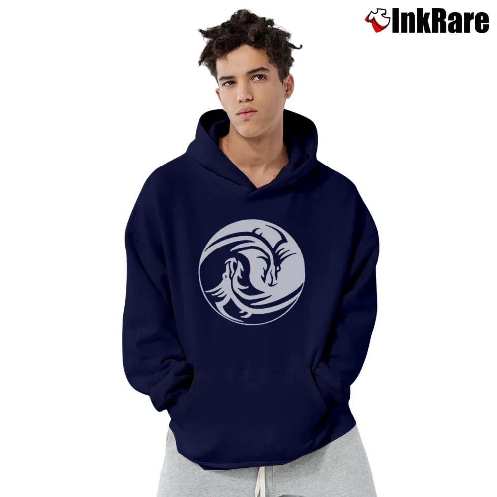 Men’s Yin Yang Dragon Symbol Zen Meditation Yoga Pullover Hoodie in navy | Cozy, Durable, Modern Fit