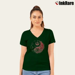 Women’s Yin Yang Star Wars Logo Watercolor Funny V-Neck Tee in forest green | Chic Neckline, Soft Texture