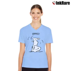 Women’s Yippee Funny Snoopy Handstand V-Neck Tee in light blue | Chic Neckline, Soft Texture