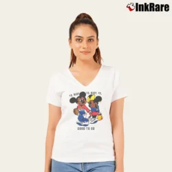 Women’s Yo Baby Got To Go Mickey Mouse V-Neck Tee in white | Chic Neckline, Soft Texture