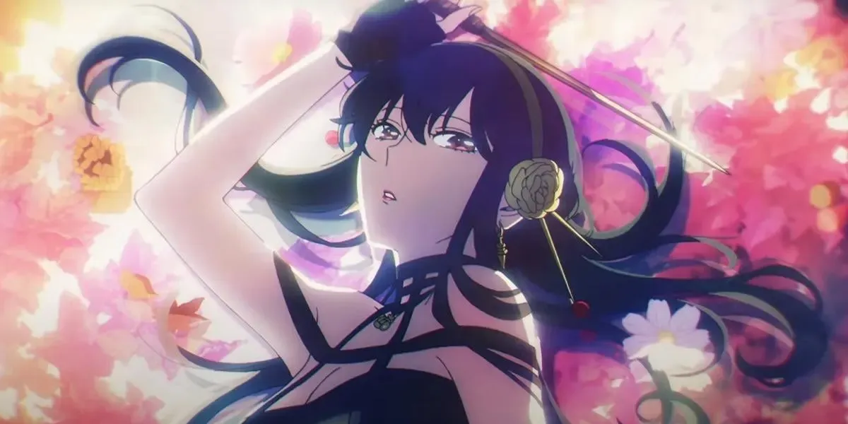 Yor Forger as the assassin Thorn Princess with a floral background in Spy x Family