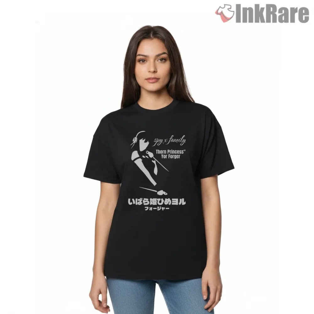 Yor Forger Thorn Princess Silhouette Anime Shirt on black short sleeve shirt for women graphic tee