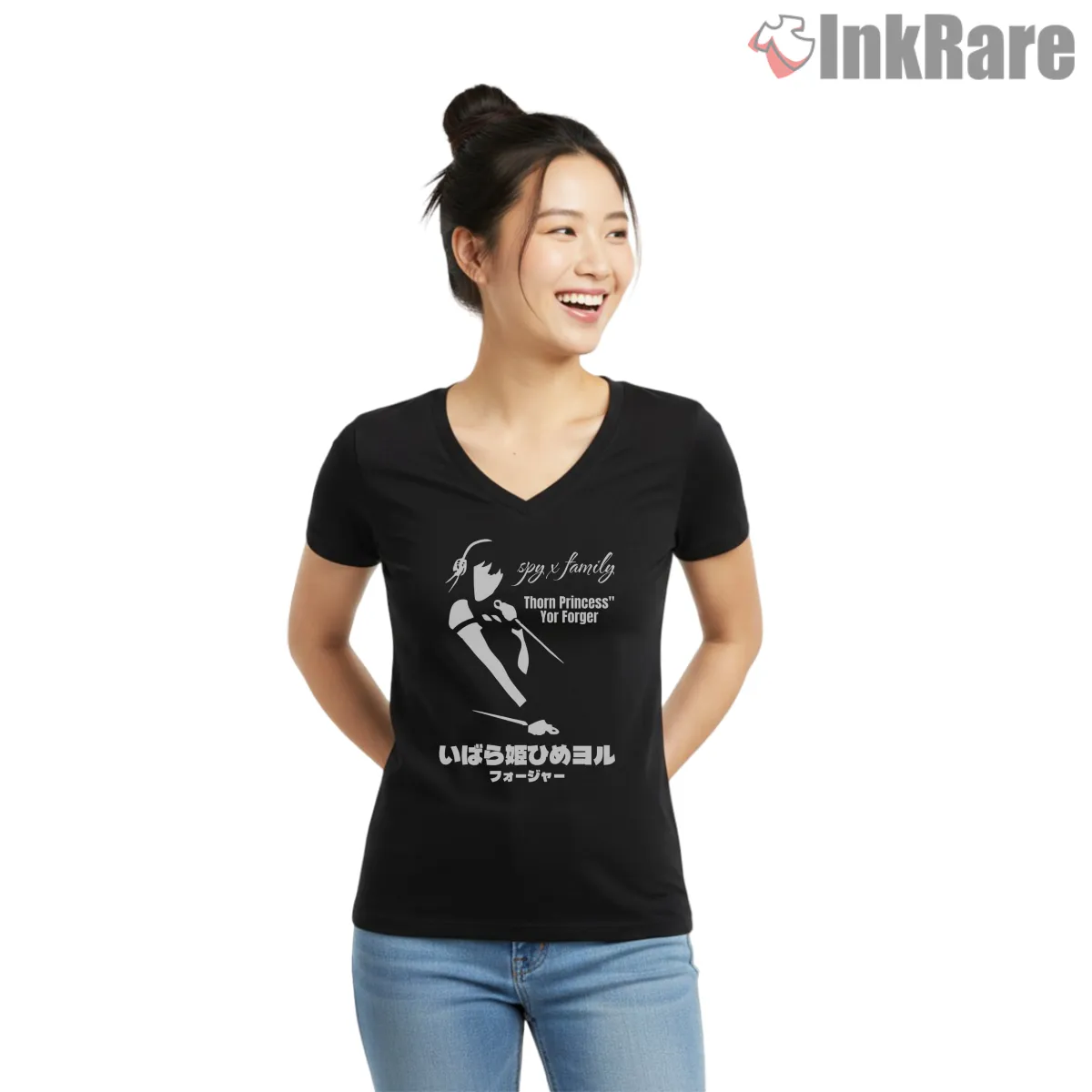 Yor Forger Thorn Princess Silhouette Anime Shirt on black v-neck shirt for women graphic tee