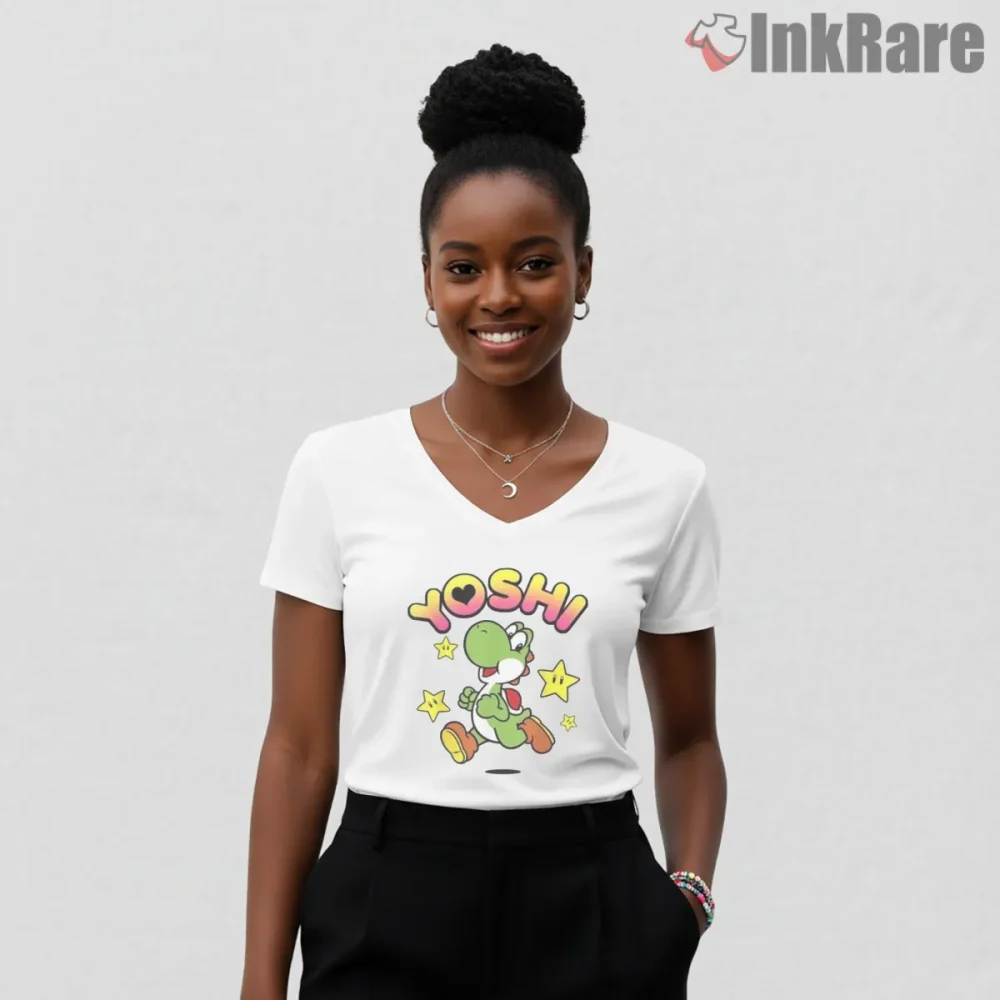 Yoshi Cute Running Cartoon Star Background Mario Shirt on white v-neck shirt for women graphic tee
