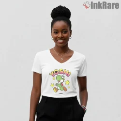 Yoshi Cute Running Cartoon Star Background Mario Shirt on white v-neck shirt for women graphic tee