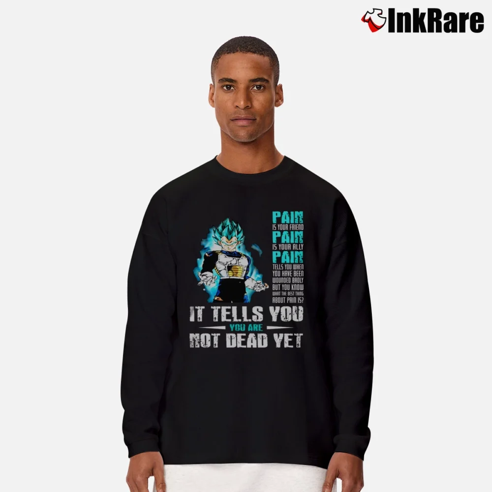Men’s You're Not Dead Yet Vegeta Super Saiyan Blue Long-Sleeve Shirt in black | Sleek, Lightweight, Year-Round Wear