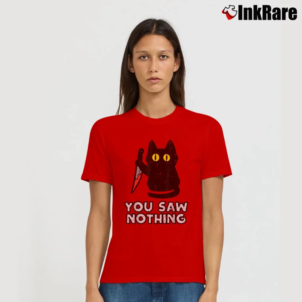 Women’s You Saw Nothing Black Cat Funny Halloween T-Shirt in red | Soft, Flattering Fit