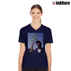 Women’s Young Snoop Dogg California 187 Hip Hop Rap Icon V-Neck Tee in navy | Chic Neckline, Soft Texture