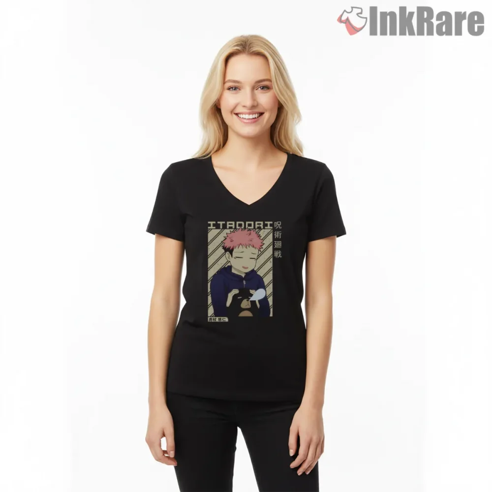 Yuji Itadori Cute Relaxed Chibi Anime Shirt on black v-neck shirt for women graphic tee