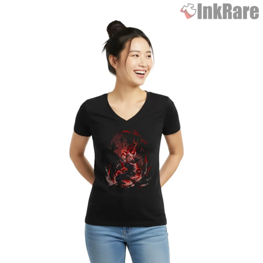 Yuji Itadori Red Combat Power Surge Anime Shirt on black v-neck shirt for women graphic tee