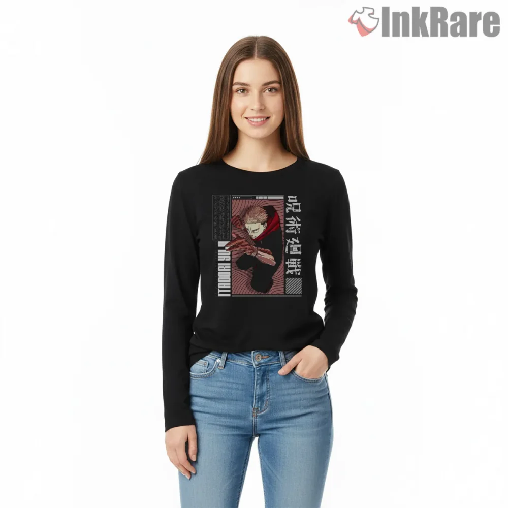 Yuji Itadori Streetwear Manga Panel Anime Shirt on black long sleeve shirt for women graphic tee