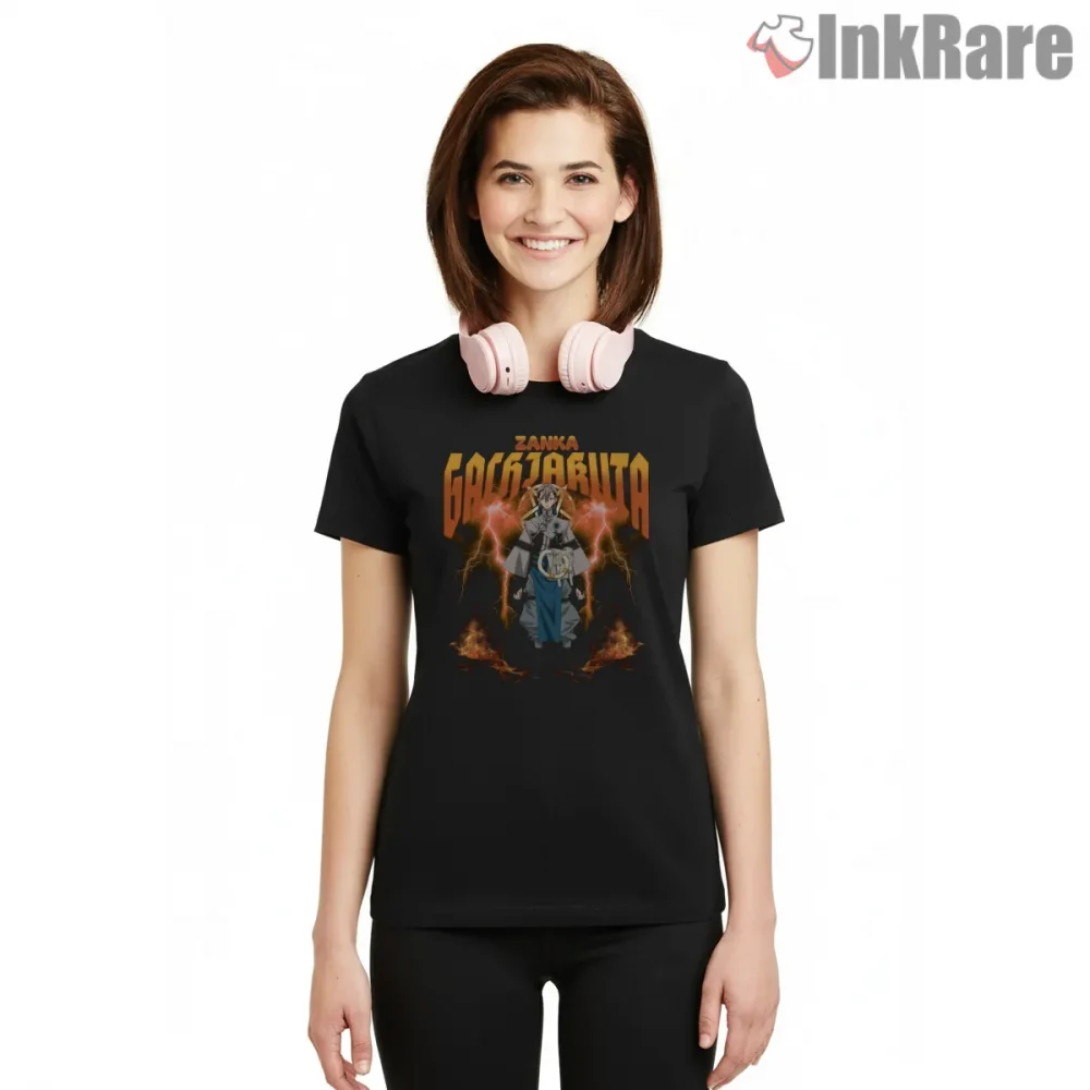 Zanka Lightning Aura Full Body Power Anime Shirt on black short sleeve shirt for women graphic tee