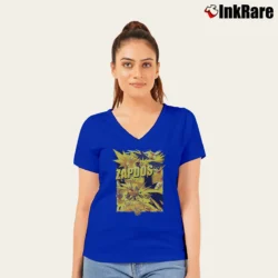 Women’s Zapdos Pokemon Retro Custom Graphic V-Neck Tee in royal blue | Chic Neckline, Soft Texture