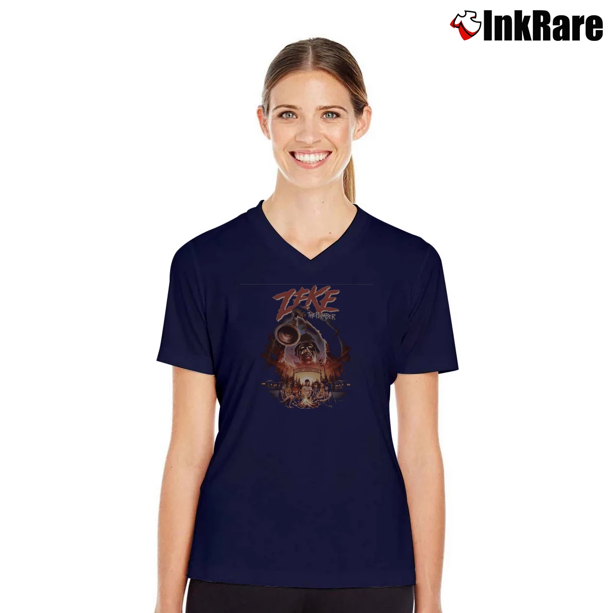 Women’s Zeke The Plumber Retro Horror V-Neck Tee in navy | Chic Neckline, Soft Texture