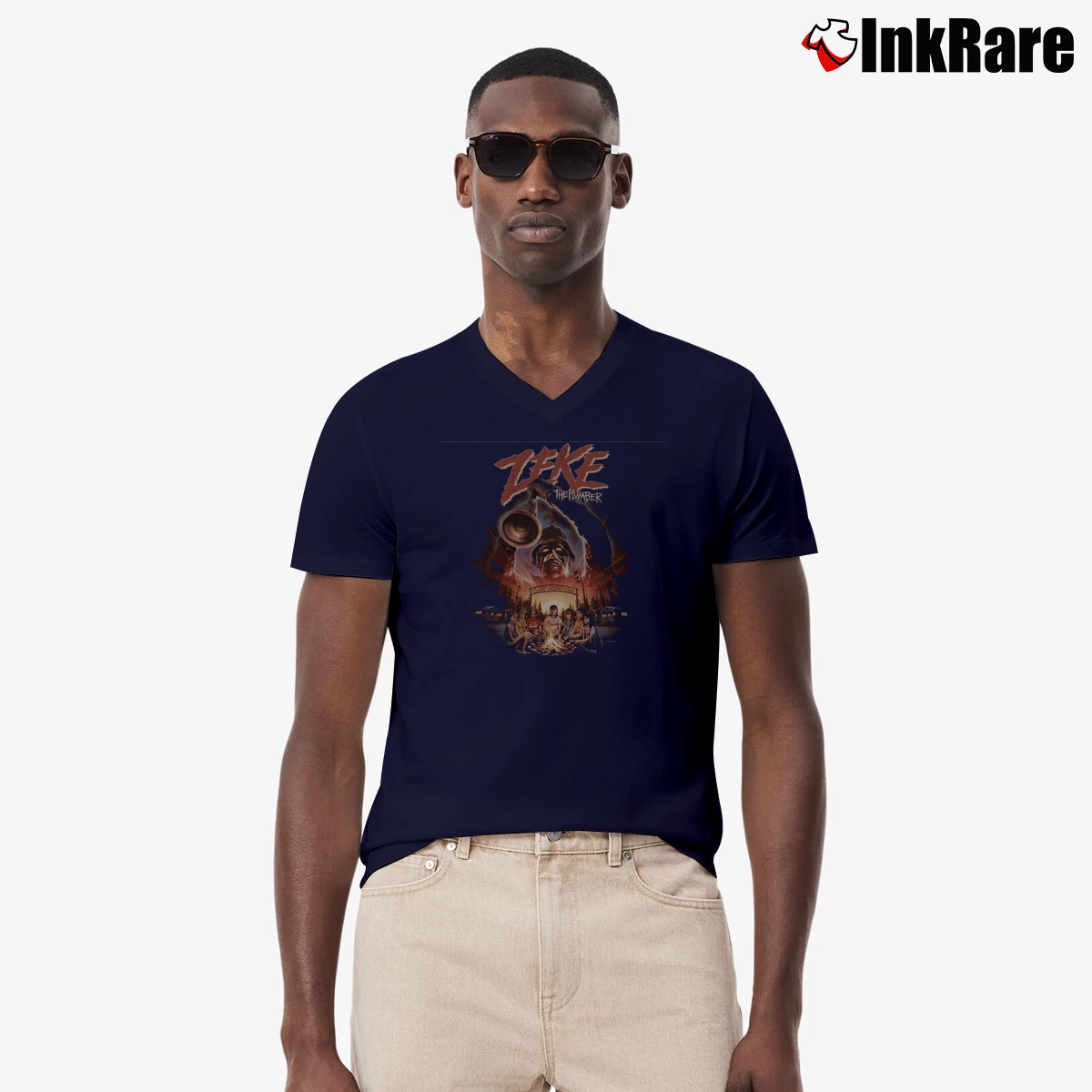Men’s Zeke The Plumber Retro Horror V-Neck Tee in navy | Sharp, Breathable, Everyday Staple