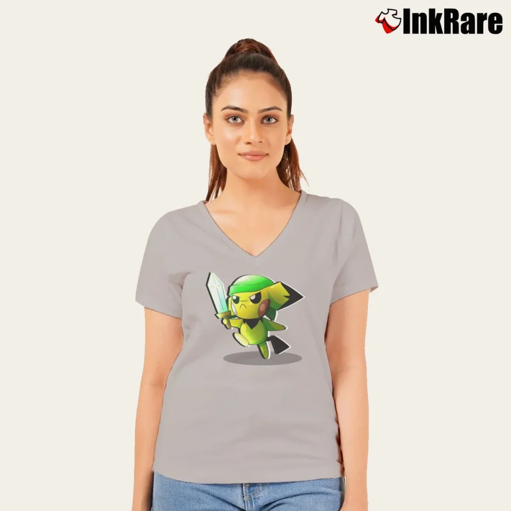 Women’s Zelda Pokemon Pikachu Link Crossover V-Neck Tee in sport grey | Chic Neckline, Soft Texture