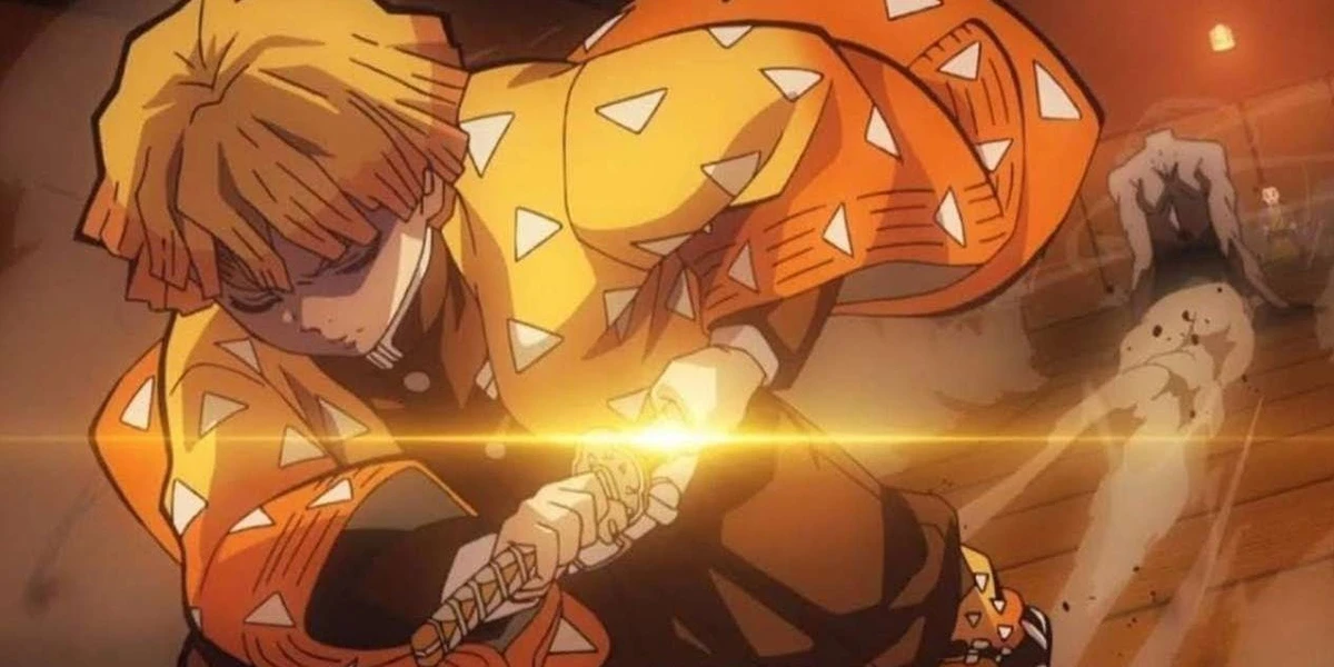 Zenitsu in his yellow haori unleashing Thunder Breathing First Form in a wooden room as the demon behind him falls