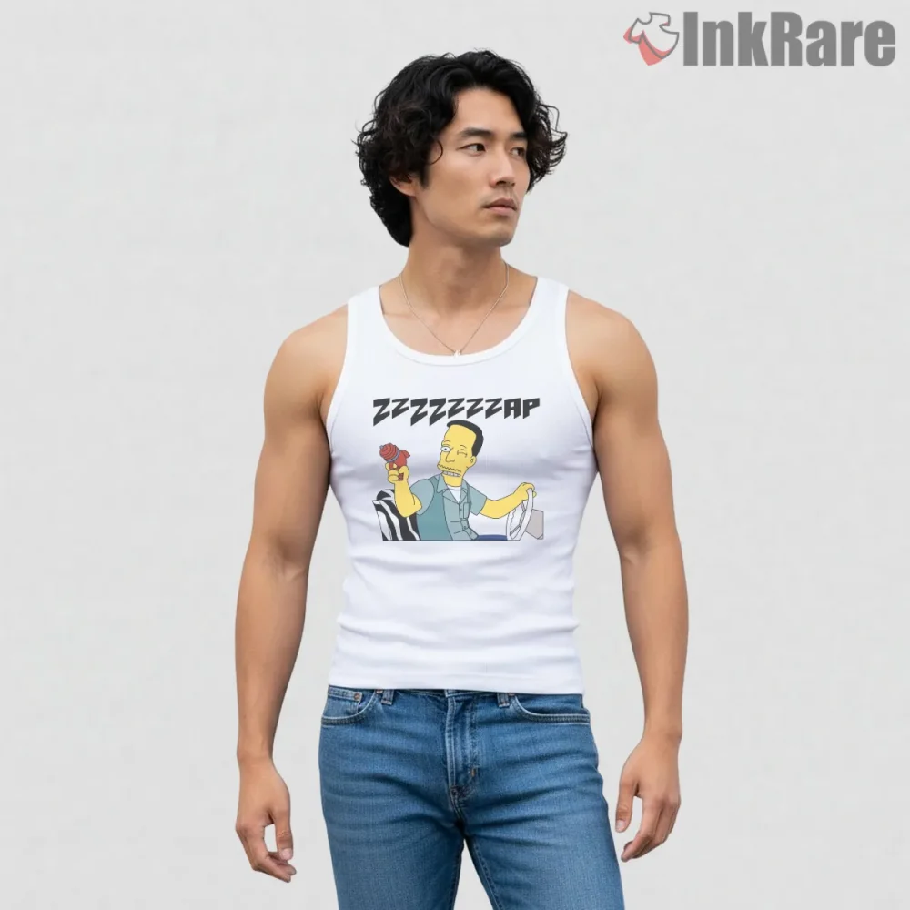 Zzzzzap Simpsons Comic Electric Chaos Scene Shirt on white tank top for men graphic tee